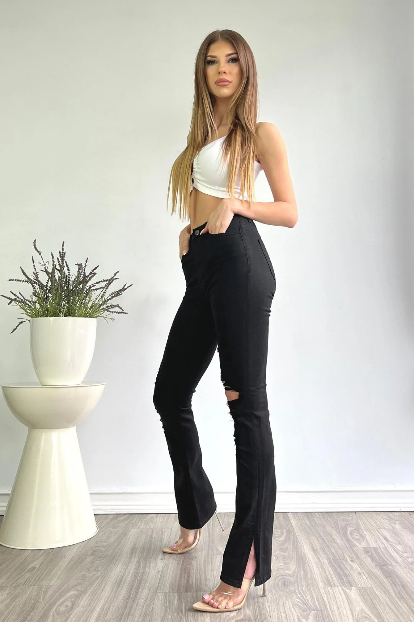 I'm Sprung Black Split Hem Distressed Straight Leg Jeans - Image 4