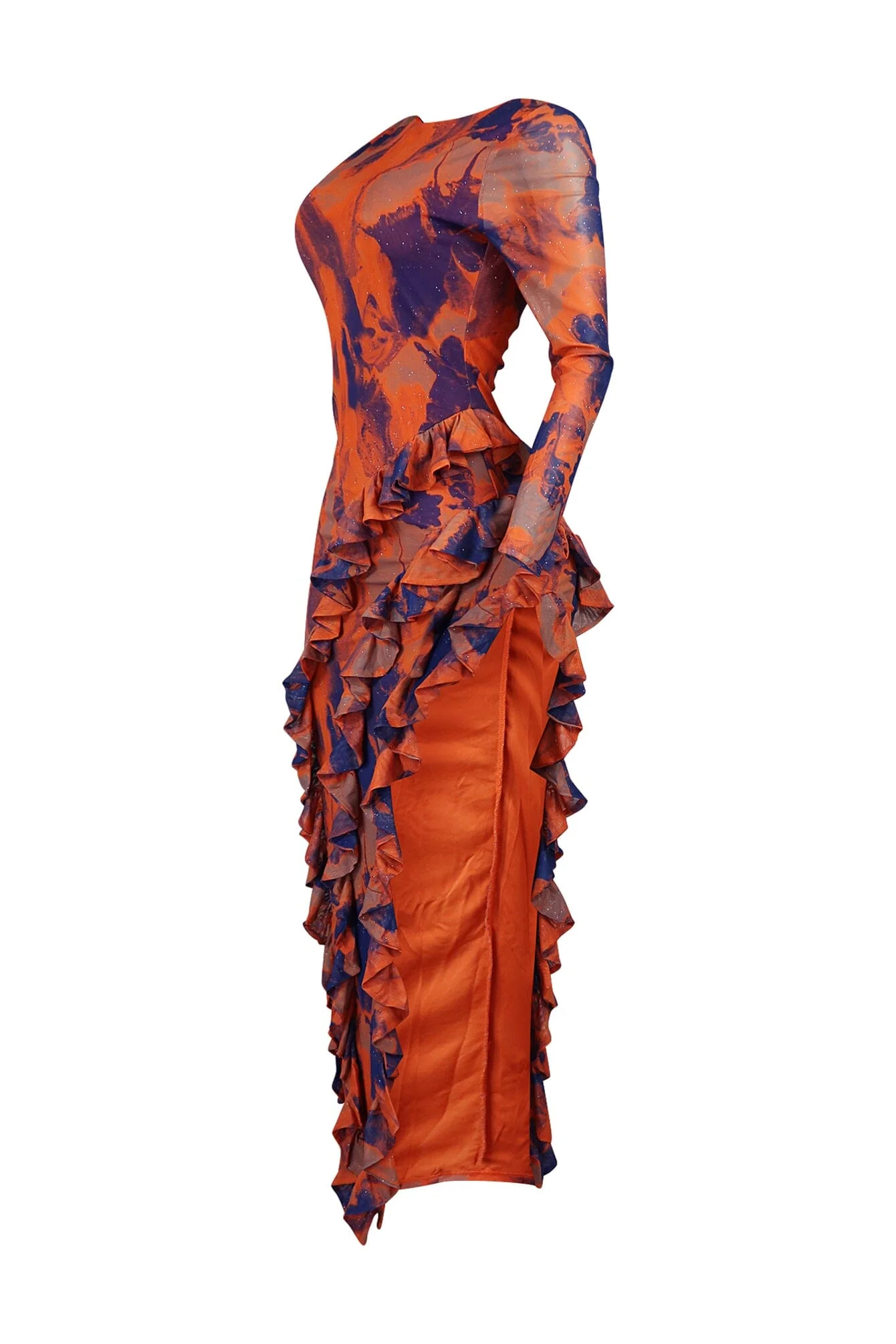 Crazy For U Print Mesh Ruffled V Back Maxi Dress - Image 4