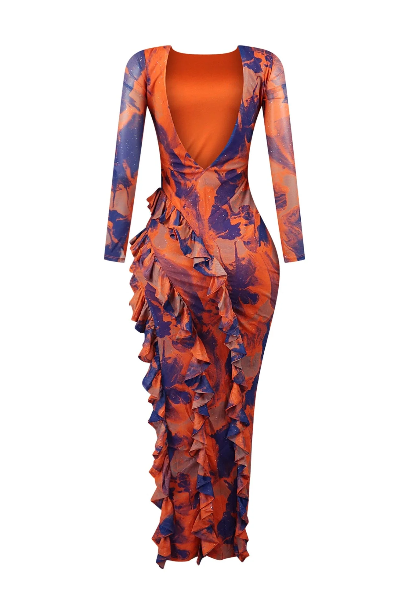 Crazy For U Print Mesh Ruffled V Back Maxi Dress - Image 5