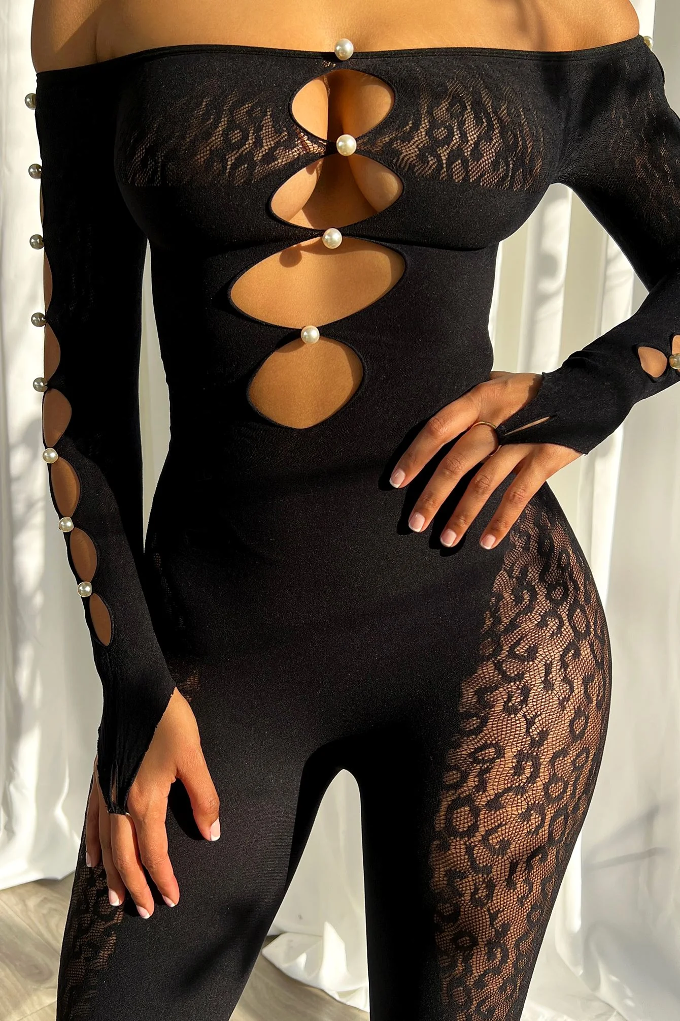 Candice Hallow Out Pearl Off Shoulder Jumpsuit - Image 7