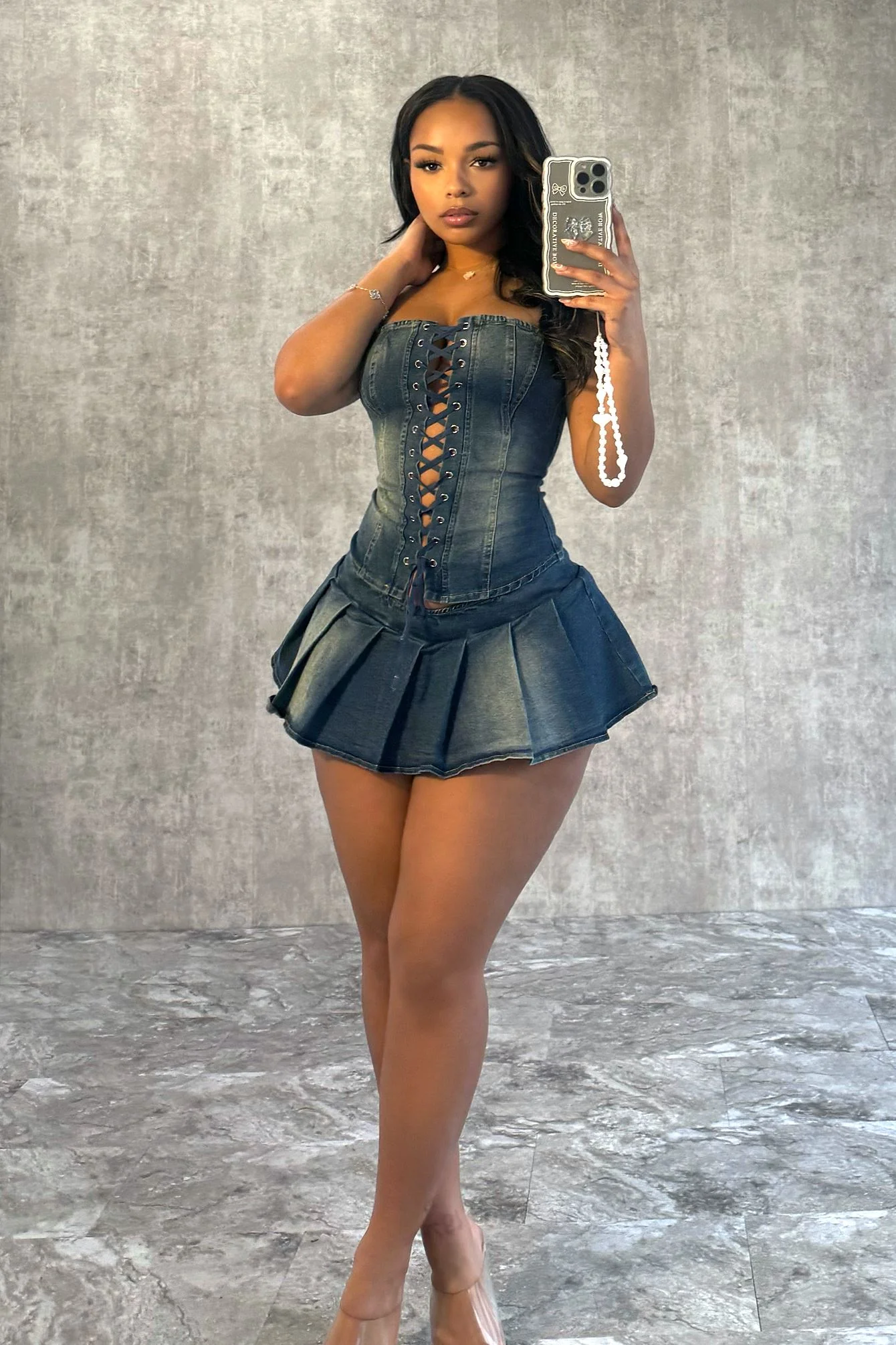Muted Blue Denim Corset Top & Skirt SET - Image 3