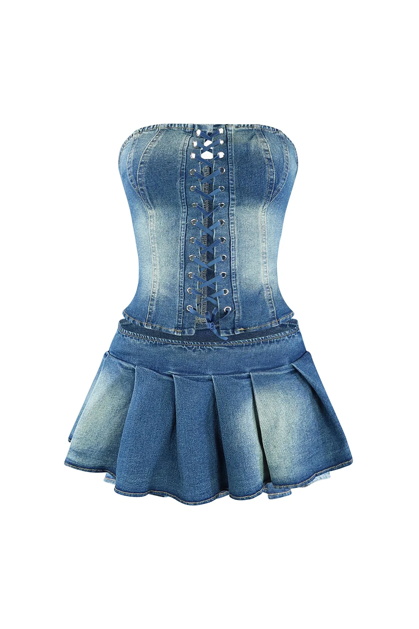 Muted Blue Denim Corset Top & Skirt SET - Image 4